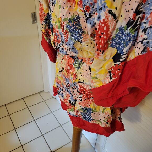 Floral Batwing Kaftan Blouse Red Trim Waist Tie Charter Club XXL 2X - Picture 6 of 9